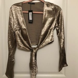 Nasty Gal Front Tie Gold Metallic Crop Top
